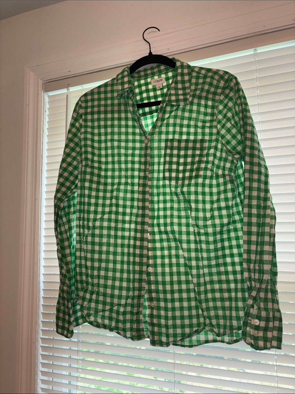 J. Crew Men's Green and White Gingham Button-Down Shirt